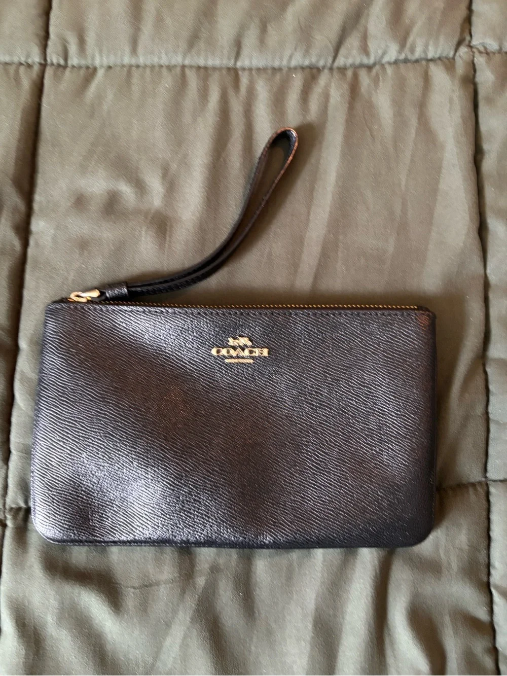 Coach Black Leather Zip Wristlet with Gold Logo